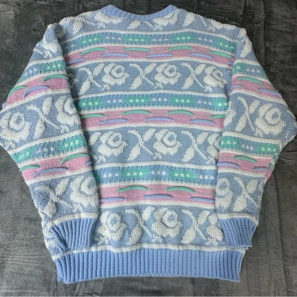 VTG 80s 90s Rose Textured 3D Knit Sweater Wms M NO SIZE TAG USA Pastel Glitter - Picture 5 of 14